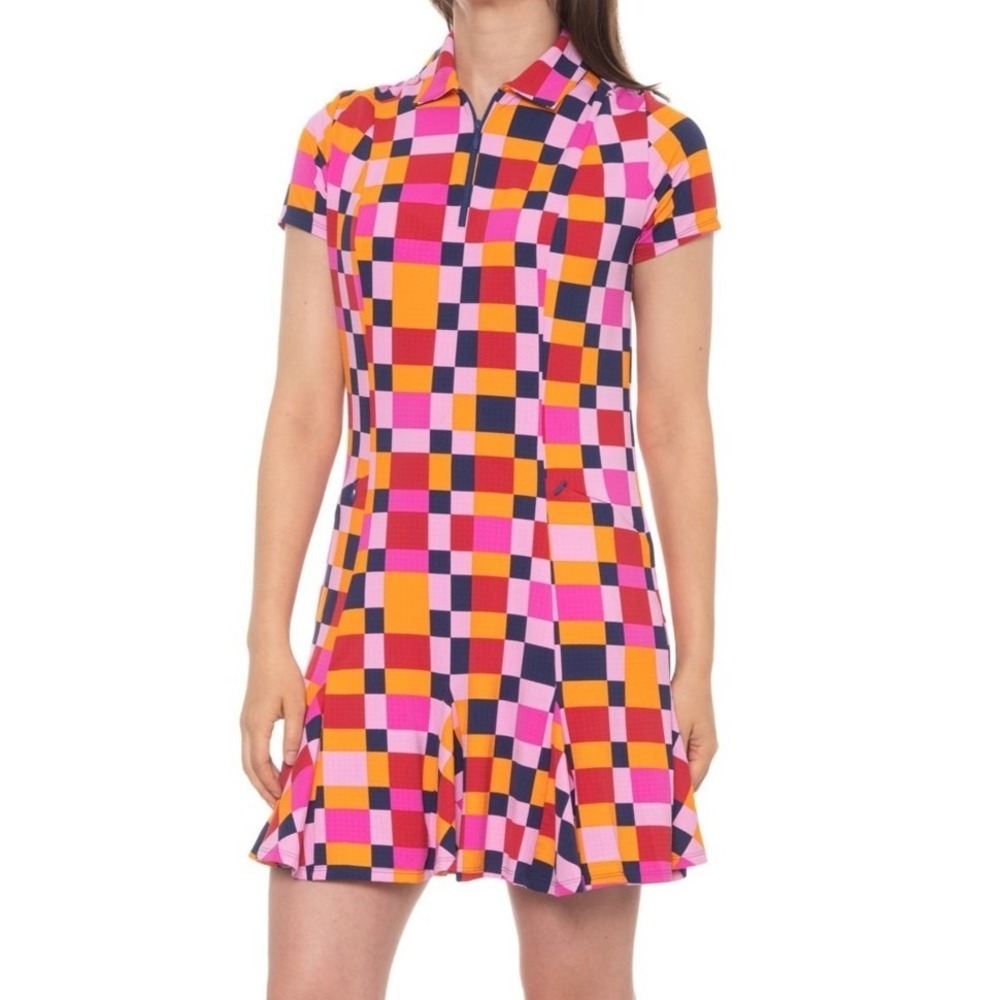 IBKUL Annalise Godet Flounce Hem Zip Neck Dress Pink/Orange Check Size Large SPF